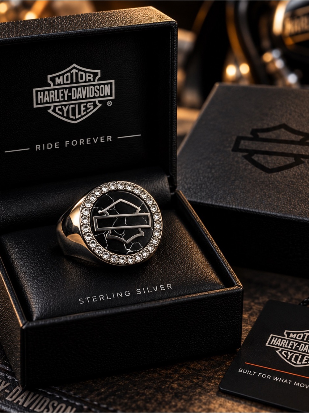 Harley-Davidson Sterling Silver Black Logo Ring with Crystal Border